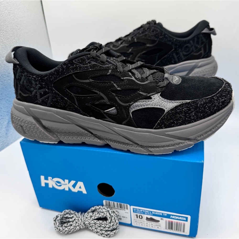 NWT Hoka Clifton Elite Terrain System L Suede Leather Black Grey Unisex Sneakers - Picture 2 of 16